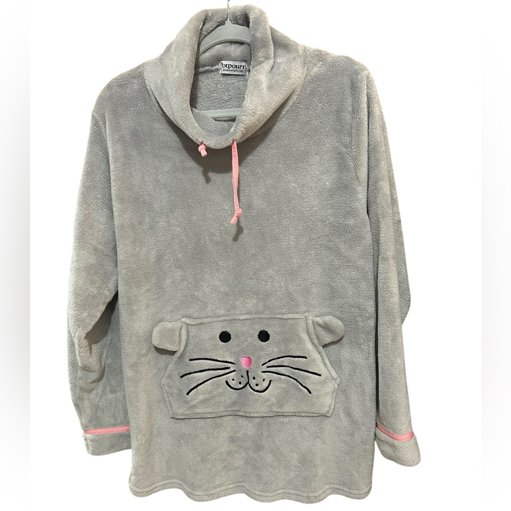 Potpourri Grey Fleece Cowl Neck Cat Face Pouch Lounger Size 1X